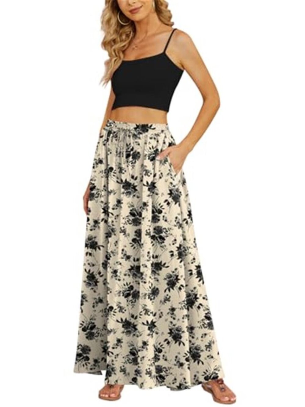 Yincro Floral Maxi Skirt High Waisted Flowy Boho Skirt with Pockets